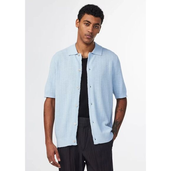 NN07 Polo Shirt Mens Small Blue Button Up Short Sleeve Knit Ribbed NOLAN $255 - Picture 1 of 9